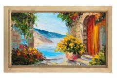 Taş Ev ve Deniz Yağlıboya Tablosu Naturel Ahşap - 100x150