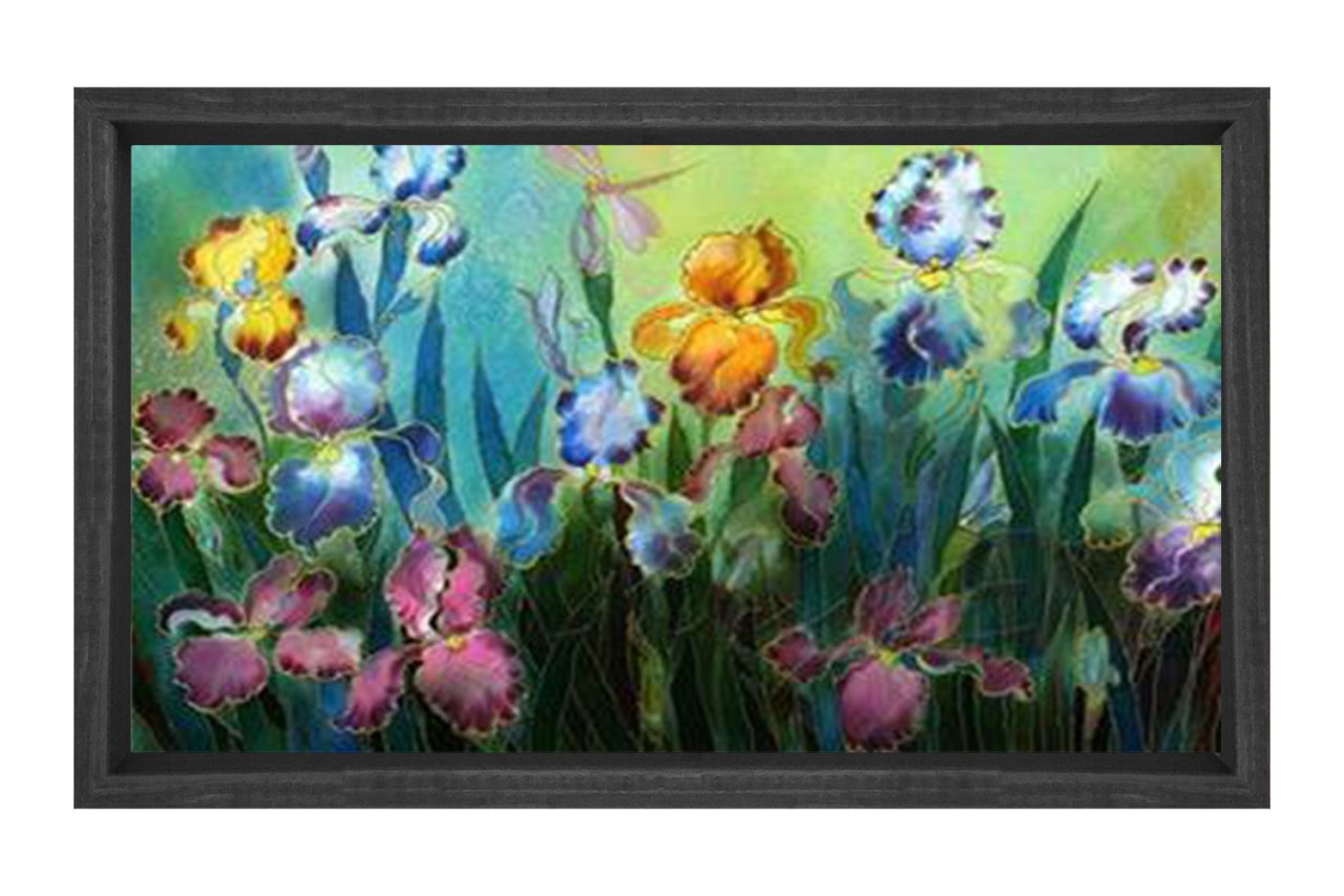 Renkli Çiçekli Kelebek Bahçesi Tablosu Siyah Ahşap Çerçeve - 40x60