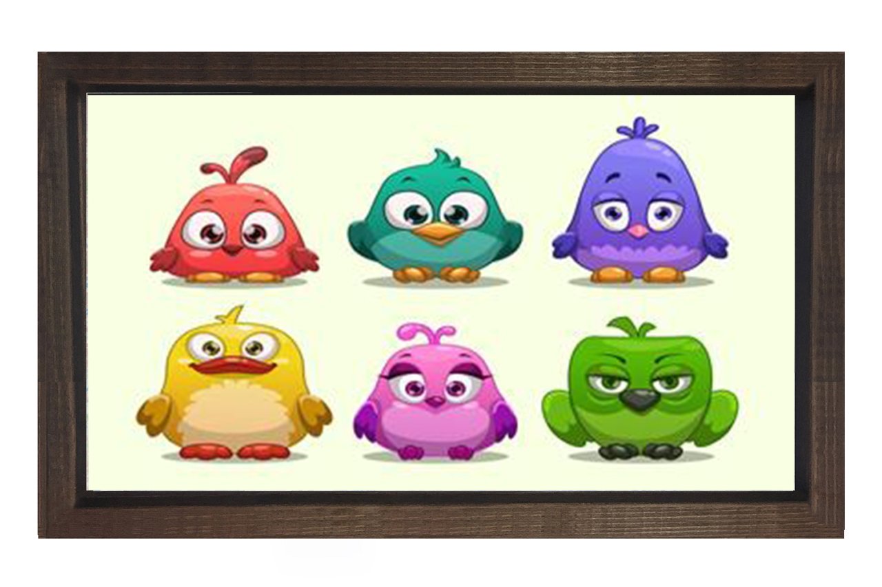 Renkli Kuşlar Tablosu Kahverengi Ahşap Çerçeve - 40x60