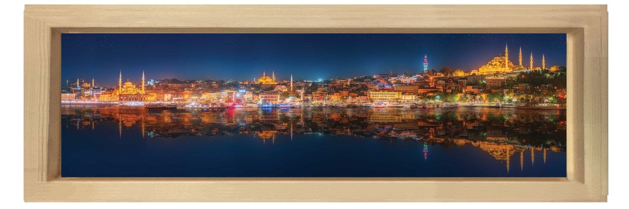 İstanbul  Gece Tablosu Naturel Ahşap Çerçeve - 180x60