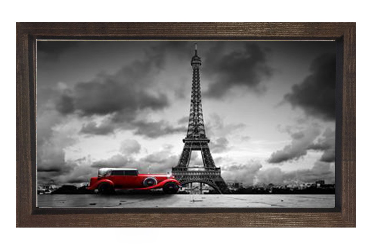 Eiffel Kulesi  Siyah-Beyaz Tablosu Kahverengi Ahşap Çerçeve - 50x90