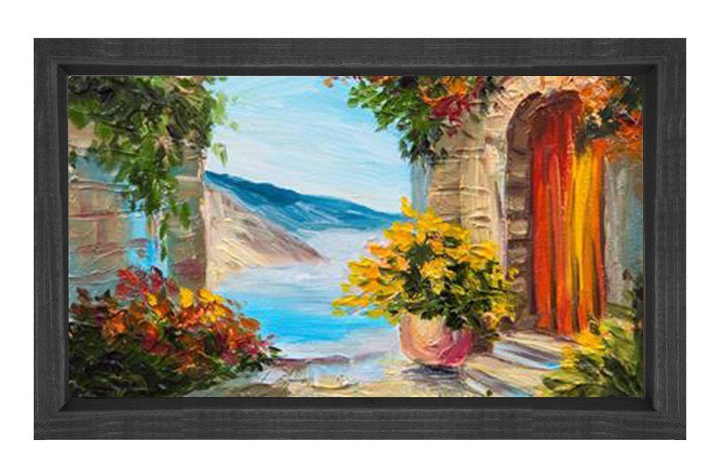 Taş Ev ve Deniz Yağlıboya Tablosu Siyah Ahşap - 50x70