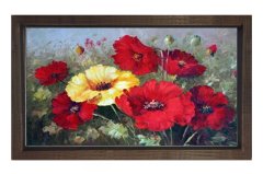 Kırmızı Sarı Çiçek Bahçesi Tablosu Kahverengi Ahşap - 50x90