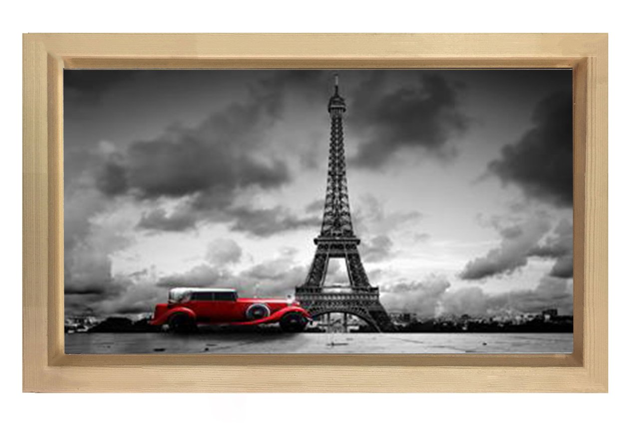 Eiffel Kulesi  Siyah-Beyaz Tablosu Naturel Ahşap Çerçeve - 45x30