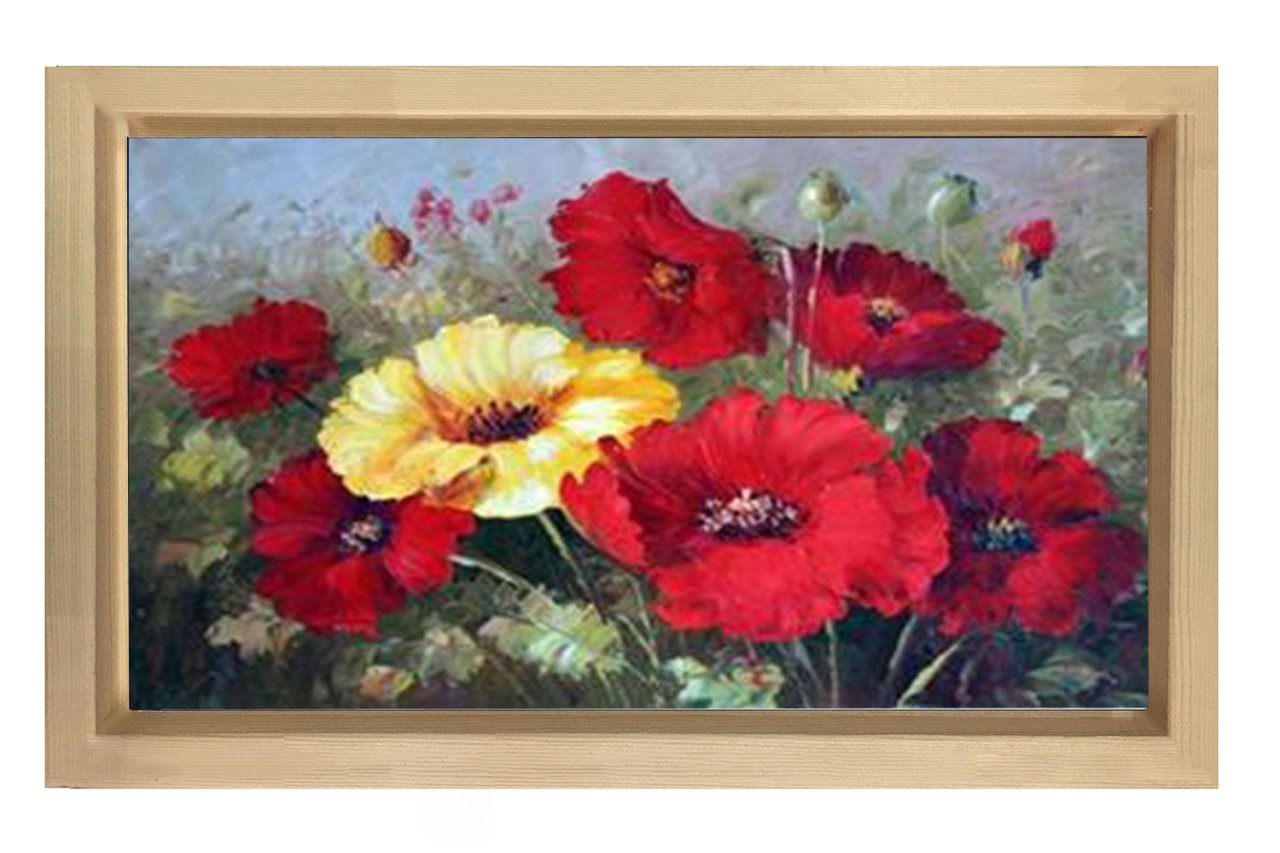 Kırmızı Sarı Çiçek Bahçesi Tablosu Naturel Ahşap - 100x200