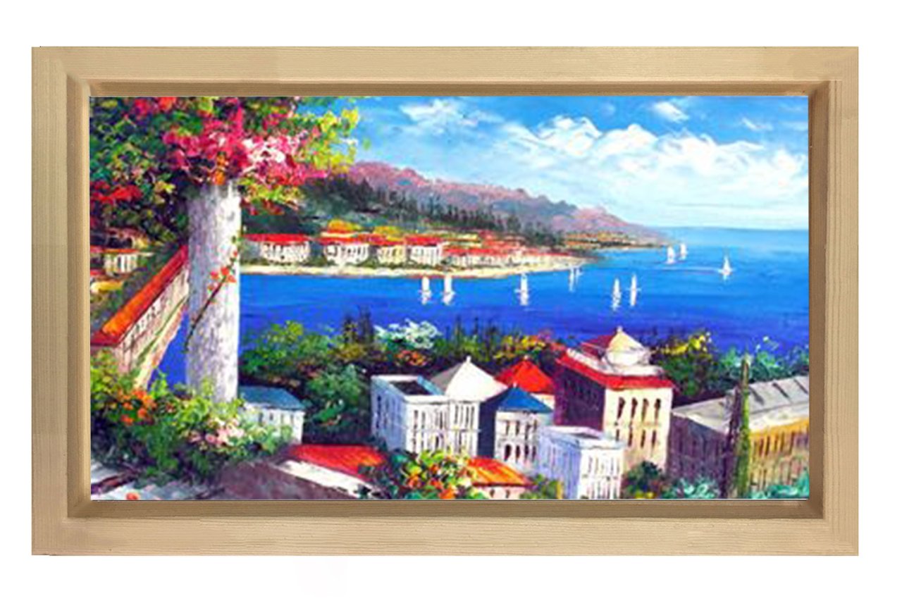 Deniz Kıyısında Şehir Tablosu Naturel Ahşap Çerçeve - 50x90
