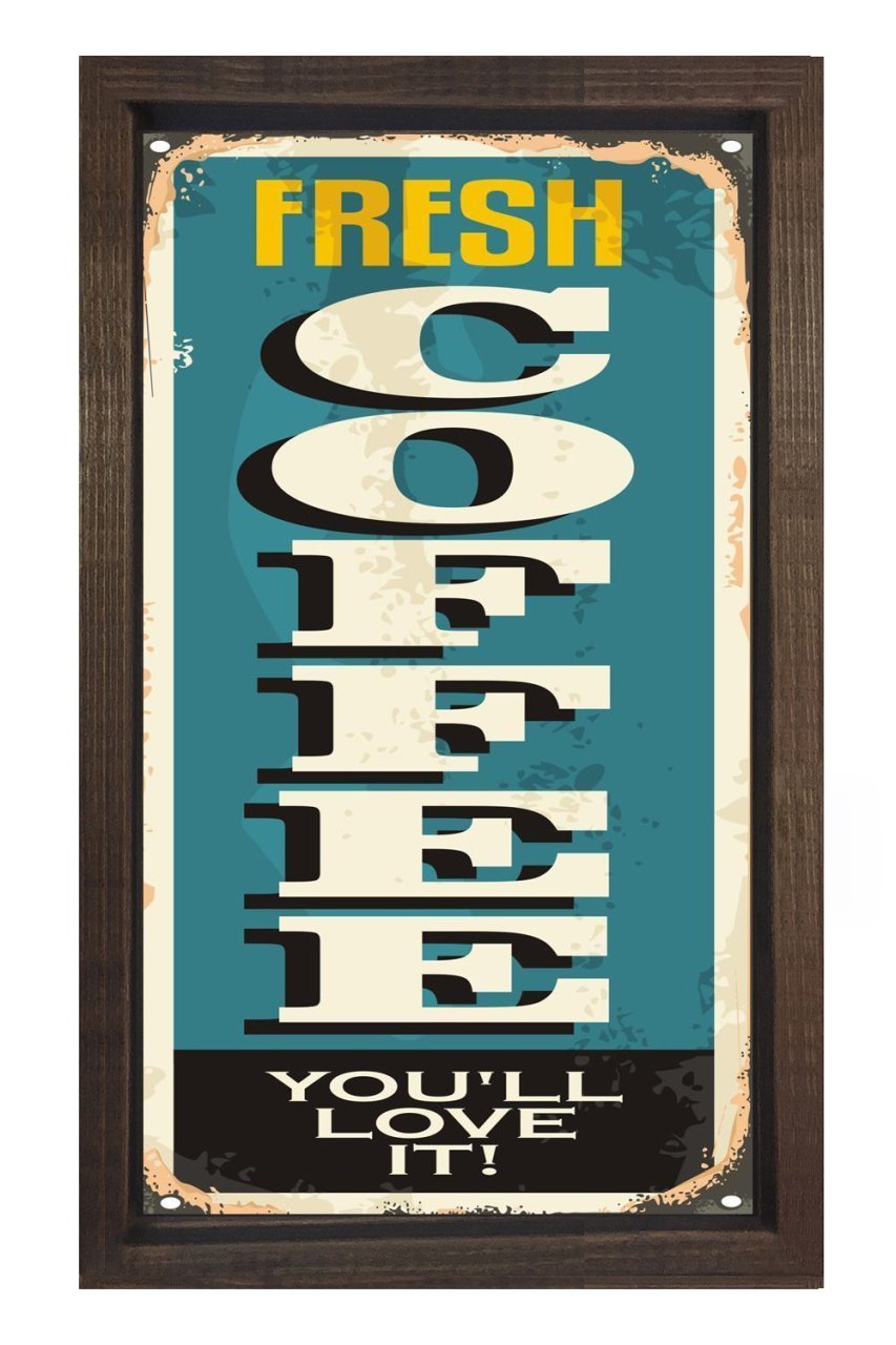 Taze Kahve Vintage Reklam Afişi Tablosu Kahverengi Ahşap Çerçeve - 50x70