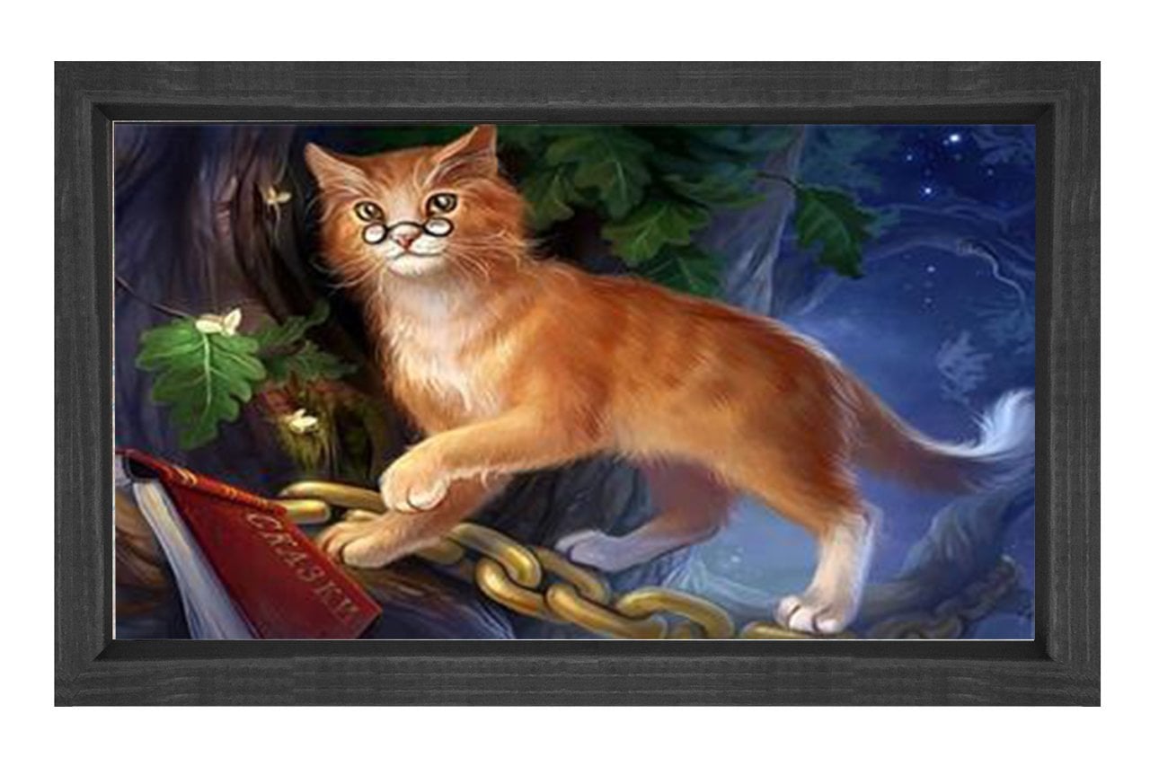 Gözlüklü Çizgi Kedi Tablosu Siyah Ahşap Çerçeve - 100x200