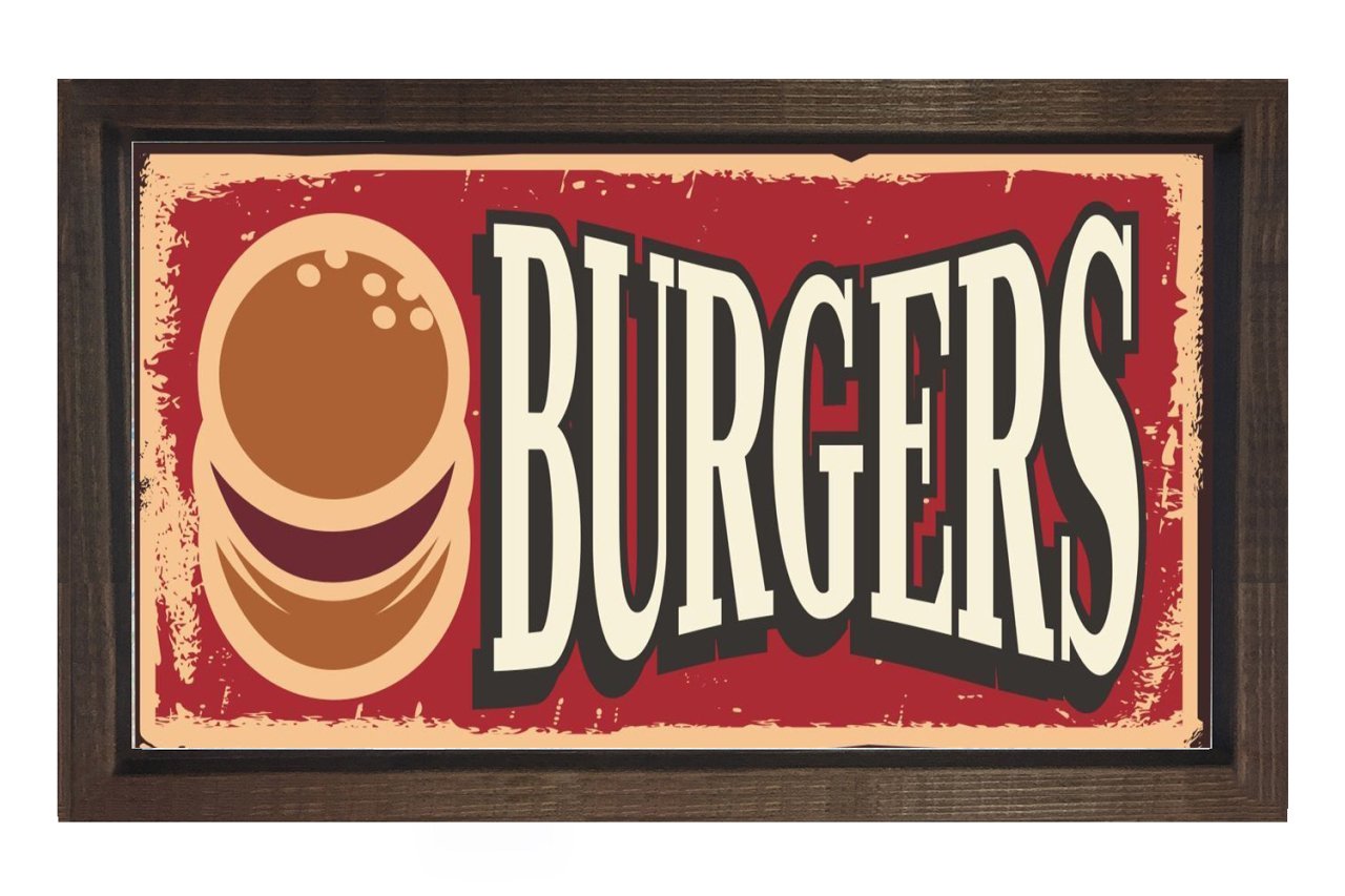 Burgers Reklam Vintage Afişi Tablosu Kahverengi Ahşap - 40x60