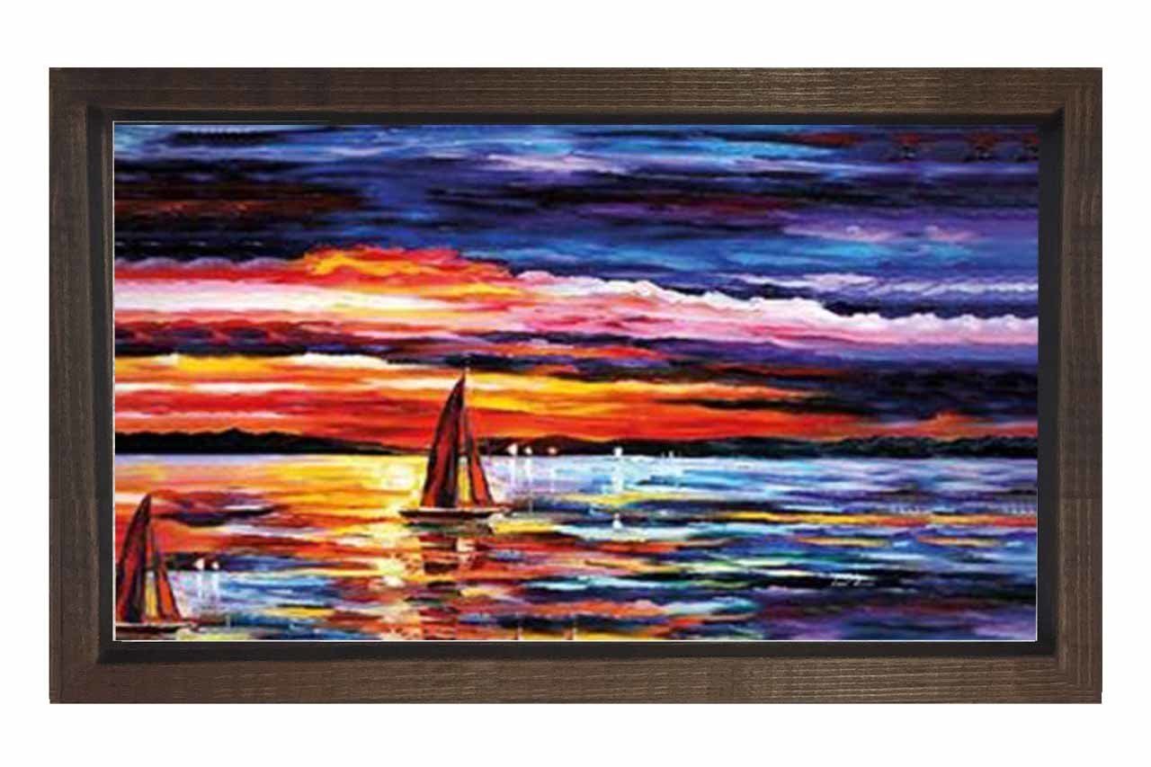Yelkenli Gemi Yağlı Boya Tablosu Kahverengi Ahşap Çerçeve - 50x70