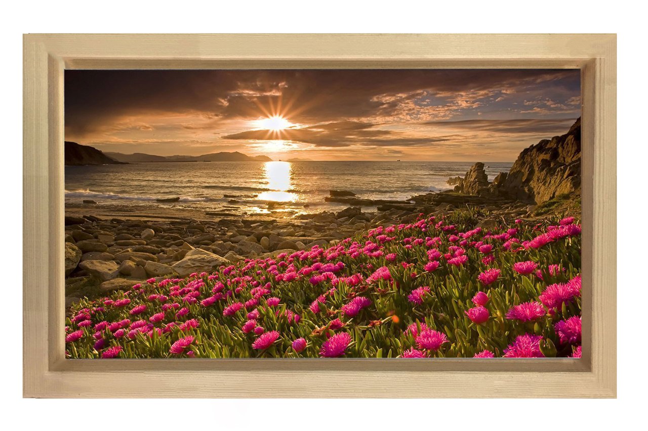 Kırmızı Çiçekler Günbatımı Tablosu Naturel Ahşap - 100x200