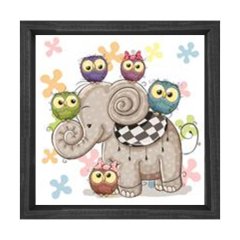 Sevimli Fil ve Kuşlar Tablosu Siyah Ahşap Çerçeve - 100x100