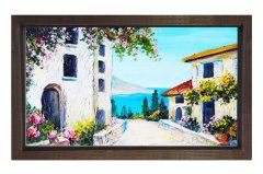 Çiçekli Evler Deniz Manzarası Tablosu Kahverengi Ahşap Çerçeve - 70x100