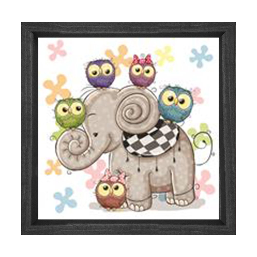 Sevimli Fil ve Kuşlar Tablosu Siyah Ahşap Çerçeve - 30x30