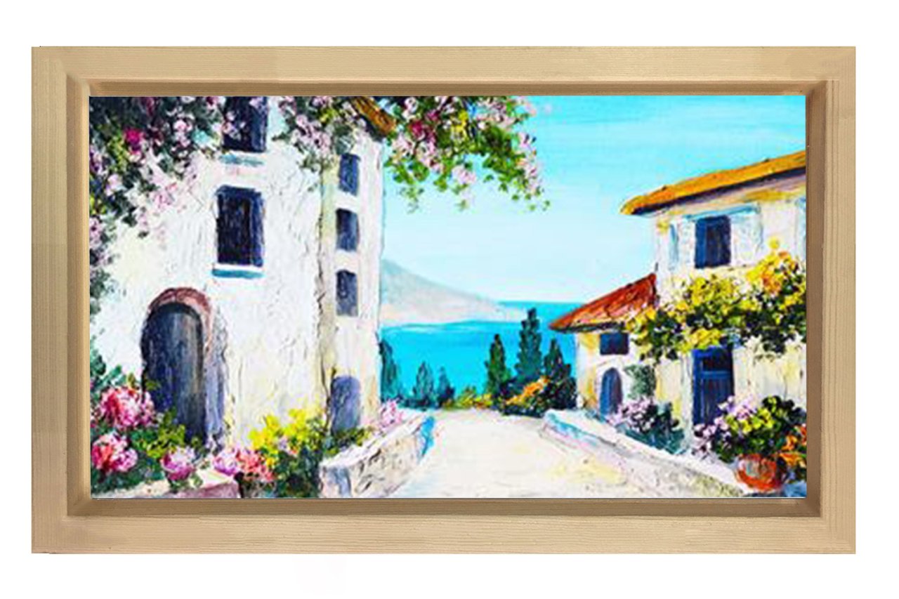 Çiçekli Evler Deniz Manzarası Tablosu Naturel Ahşap Çerçeve - 40x60
