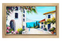 Çiçekli Evler Deniz Manzarası Tablosu Naturel Ahşap Çerçeve - 40x60