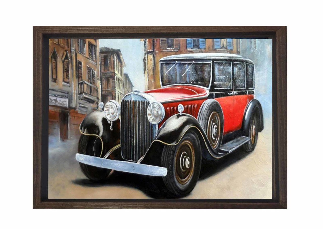 Şehir ve Klasik Araba Tablosu Kahverengi Ahşap - 40x60