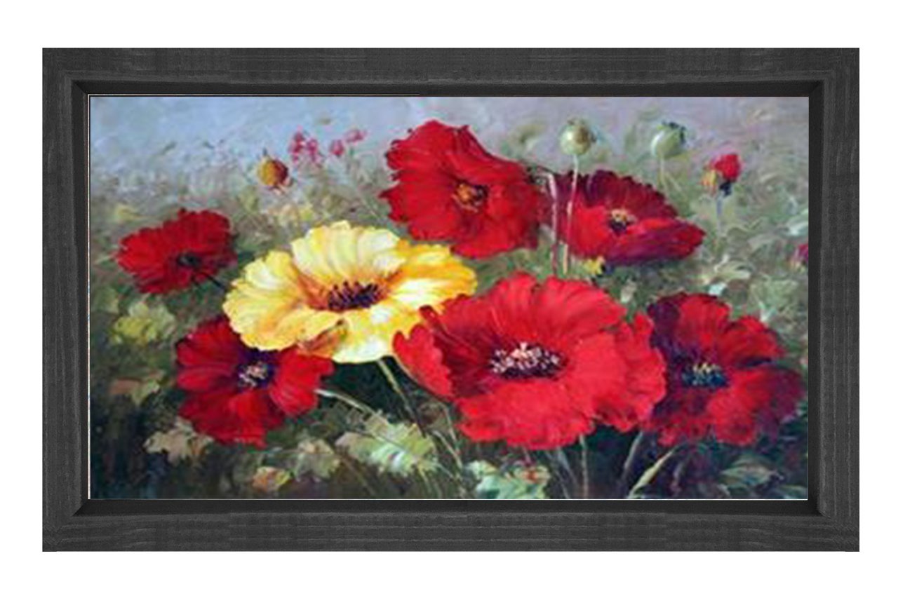 Kırmızı Sarı Çiçek Bahçesi Tablosu Siyah Ahşap - 50x90
