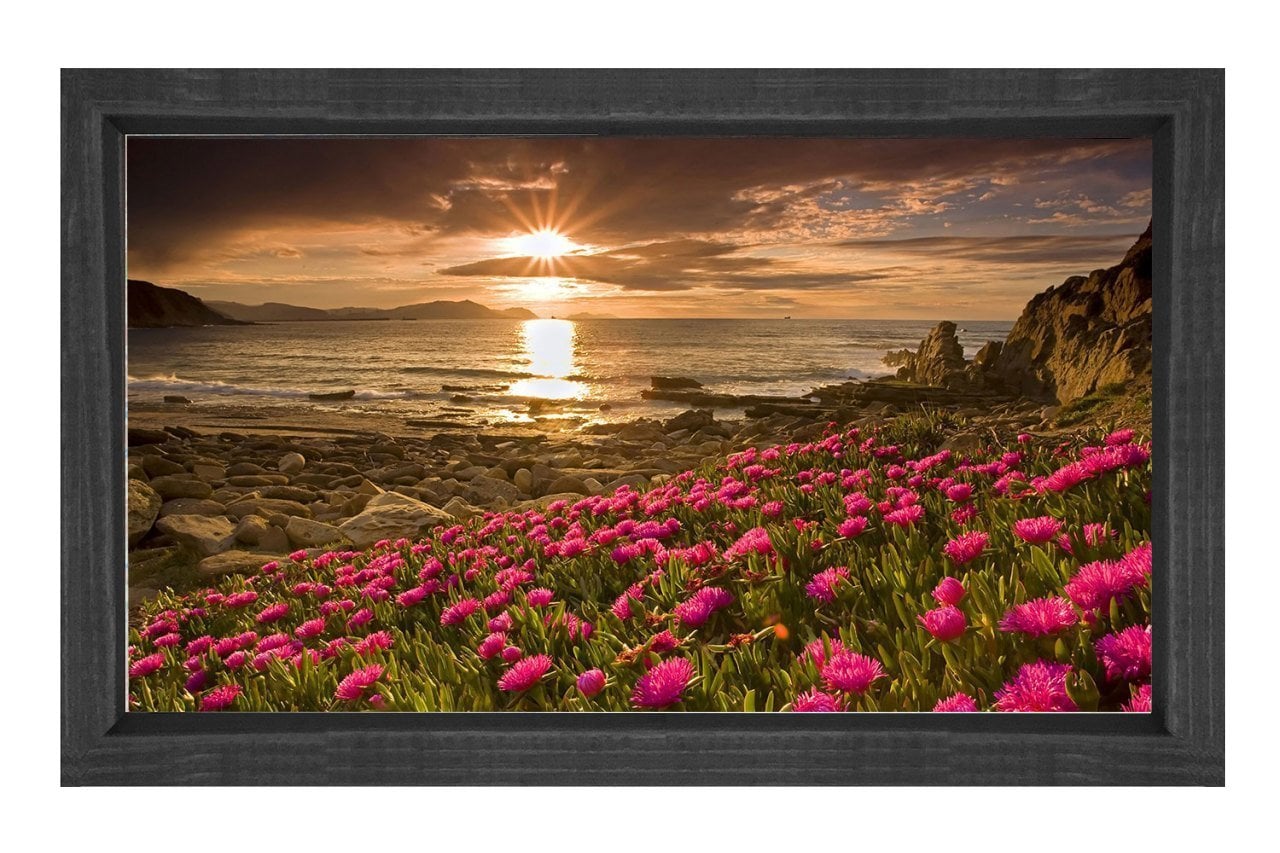 Kırmızı Çiçekler Günbatımı Tablosu Siyah Ahşap - 100x200