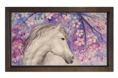 Çiçekli At ve Beyaz At Tablosu Kahverengi Ahşap Çerçeve - 100x200