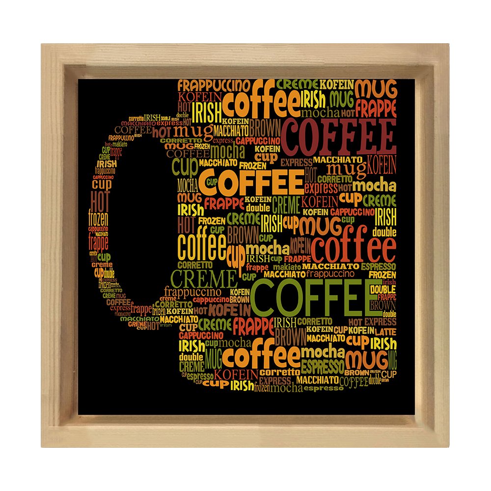 Kahve Bardağı Tipografi Tablosu Naturel Ahşap Çerçeve - 50x50