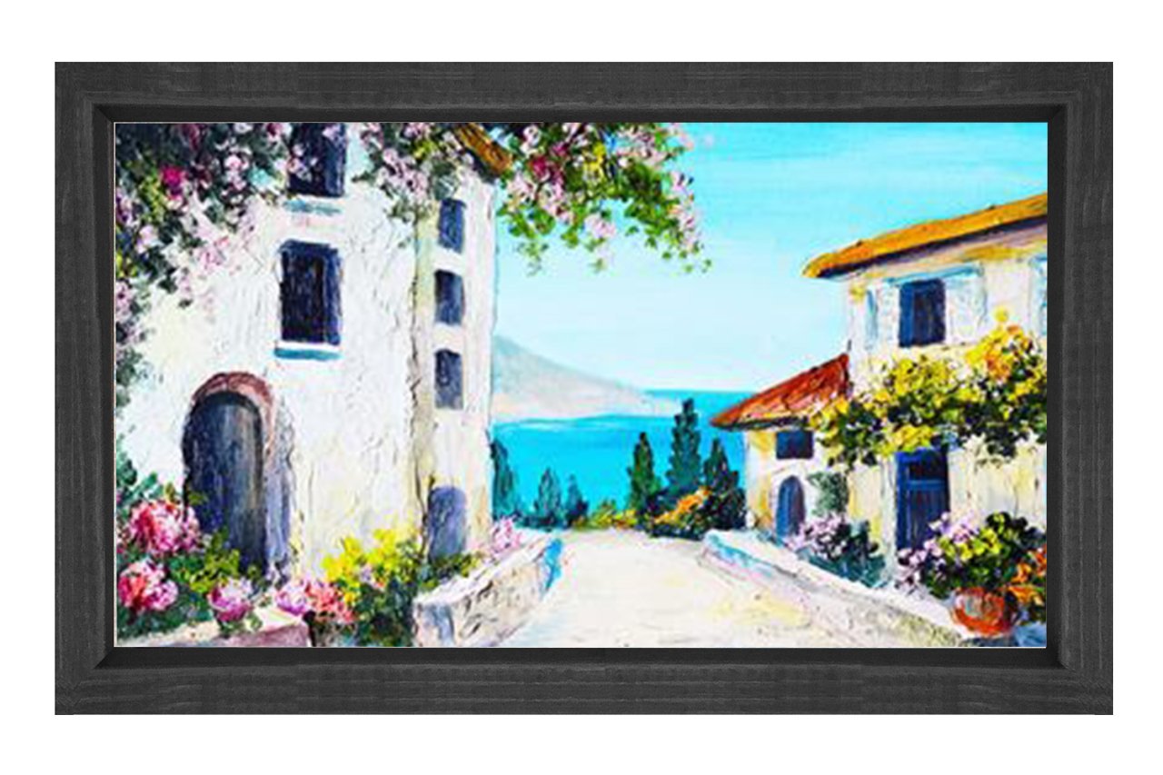 Çiçekli Evler Deniz Manzarası Tablosu Siyah Ahşap Çerçeve - 45x30