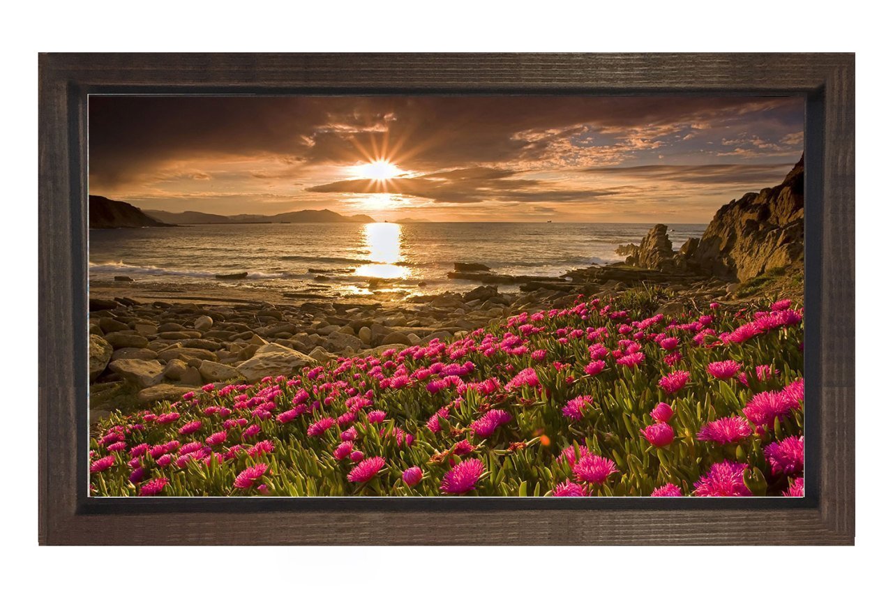 Kırmızı Çiçekler Günbatımı Tablosu Kahverengi Ahşap - 40x60
