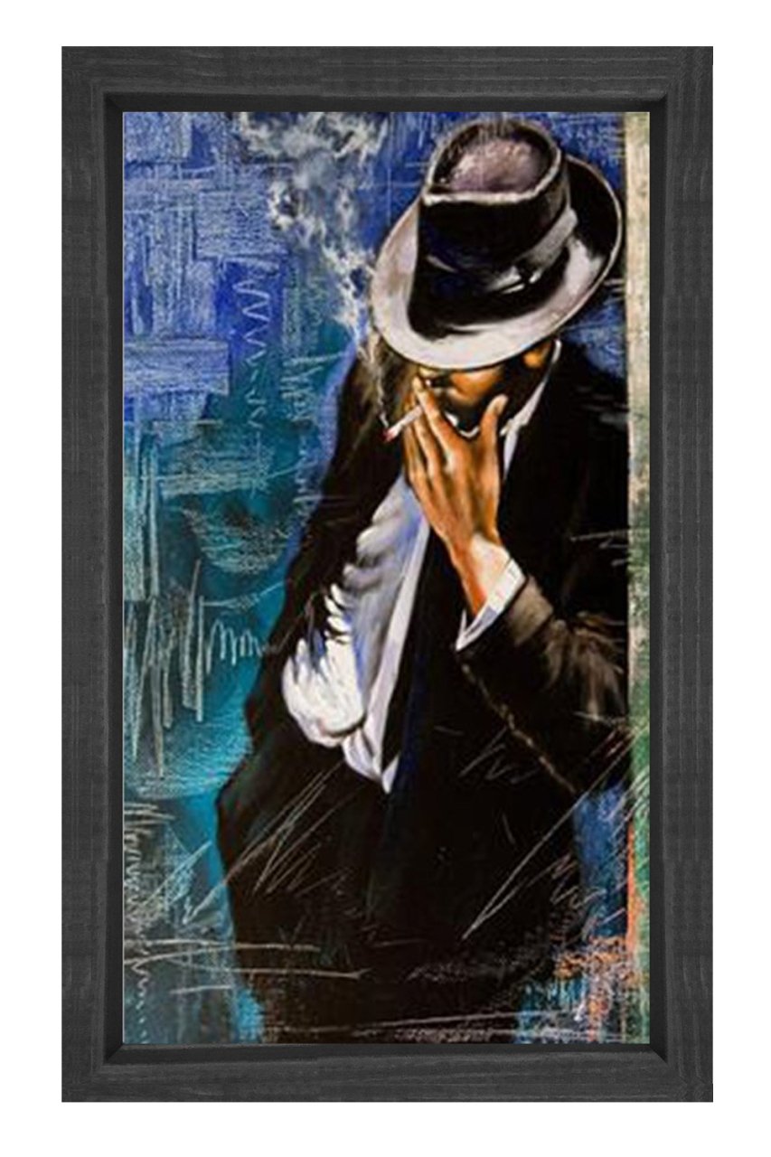 Sigara İçen Adam Tablosu Siyah Ahşap - 40x60