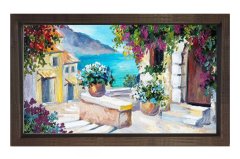 Çiçekli Evler Deniz Manzarası Tablosu Kahverengi Ahşap Çerçeve - 40x60