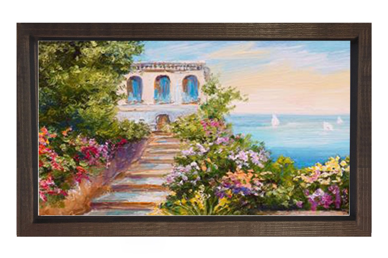 Yağlıboya Taş Ev ve Deniz  Tablosu Kahverengi Ahşap Çerçeve - 50x90