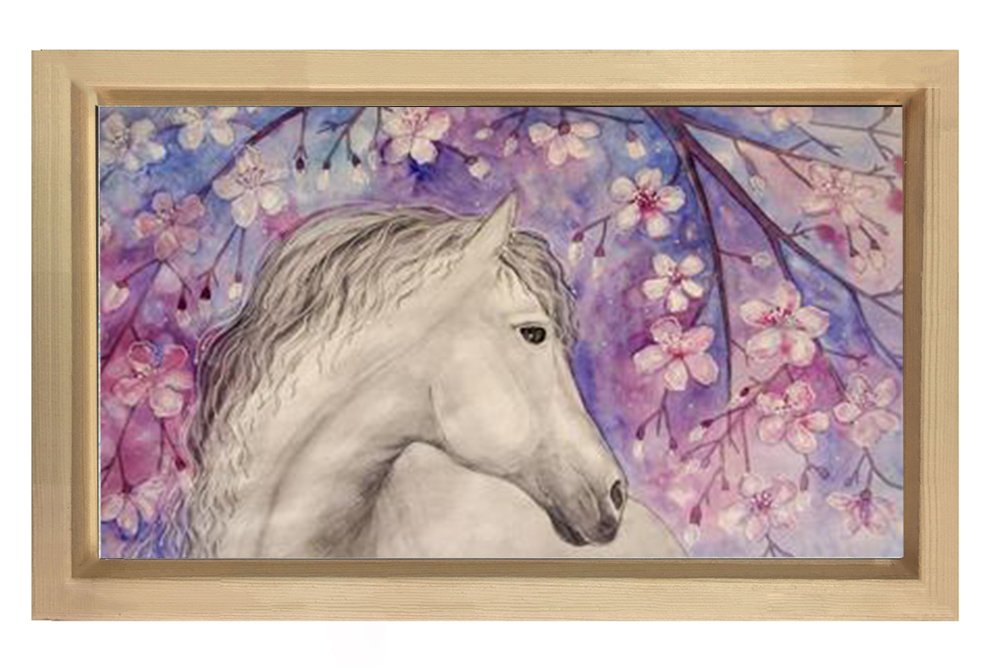 Çiçekli At ve Beyaz At Tablosu Naturel Ahşap Çerçeve - 50x70