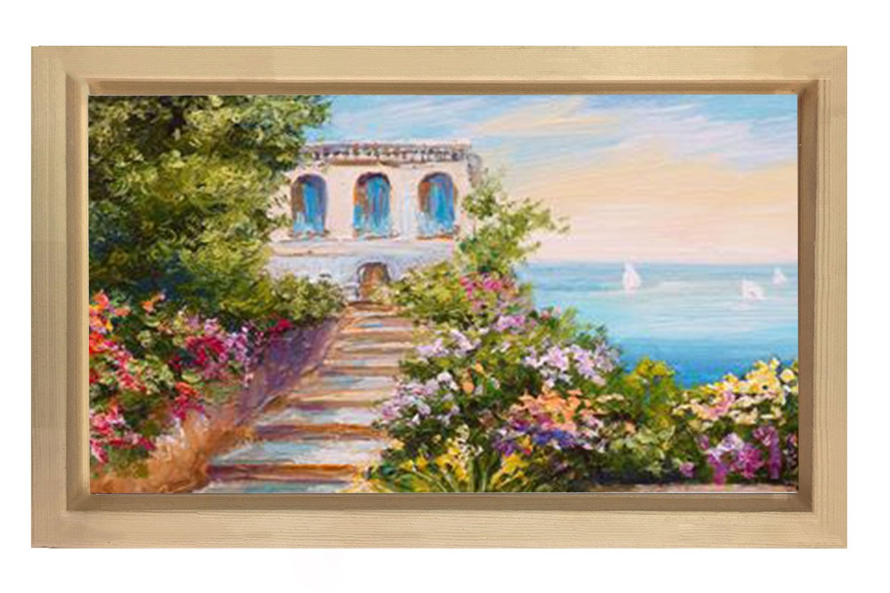Yağlıboya Taş Ev ve Deniz  Tablosu Naturel Ahşap Çerçeve - 100x150