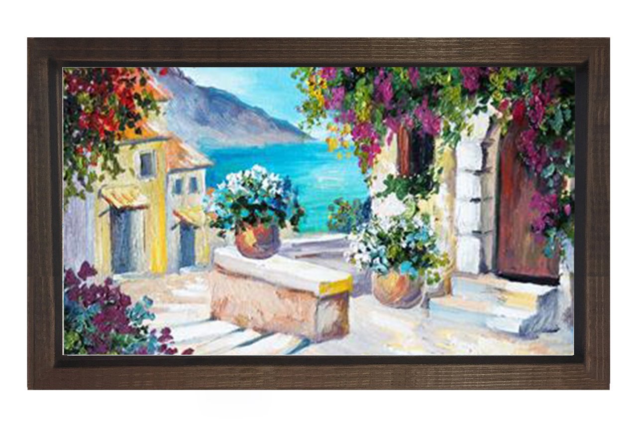 Çiçekli Evler Deniz Manzarası Tablosu Kahverengi Ahşap Çerçeve - 70x100