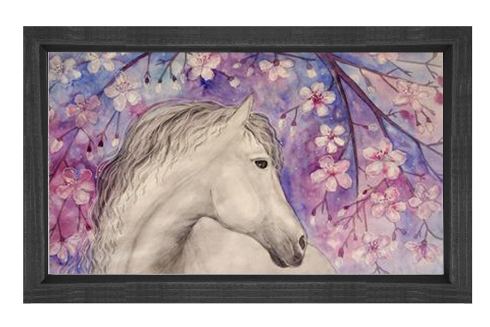 Çiçekli At ve Beyaz At Tablosu Siyah Ahşap Çerçeve - 100x150