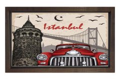 İstanbul ve Kırmızı Klasik Araba Tablosu Kahverengi Ahşap - 40x60