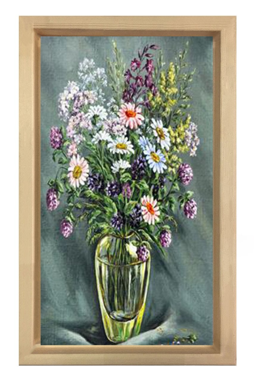 Vazoda Çiçek Natürmort Tablosu Naturel Ahşap Çerçeve - 40x40