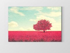 Kırmızı Çiçekler Ağaç Manzara Tablosu Çerçevesiz - 50x90