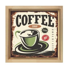 Coffee Vintage Reklam Afişi Tablosu Naturel Ahşap Çerçeve - 70x70