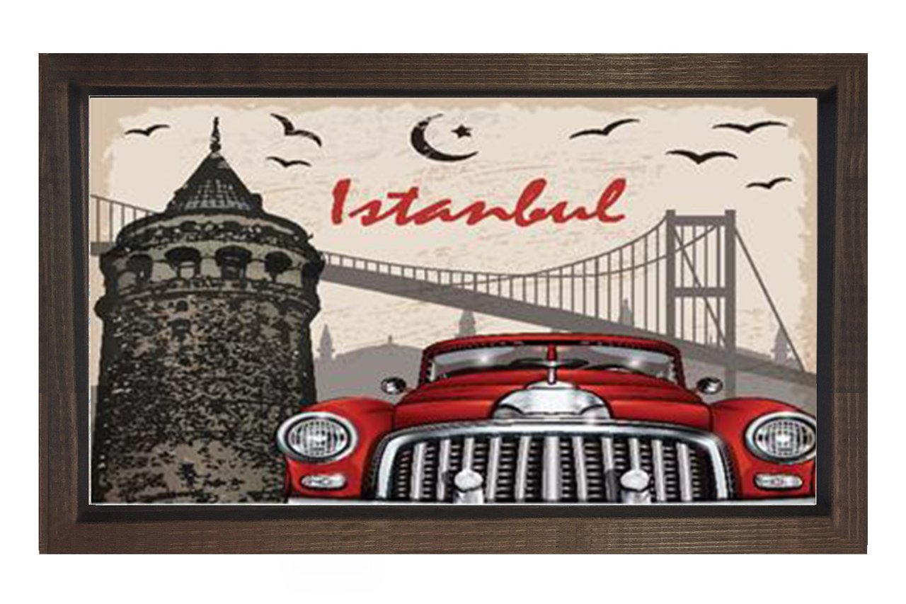 İstanbul ve Kırmızı Klasik Araba Tablosu Kahverengi Ahşap - 50x70