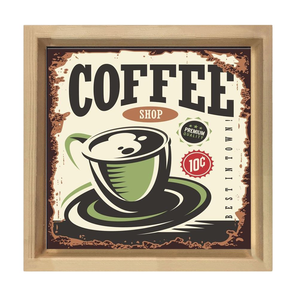 Coffee Vintage Reklam Afişi Tablosu Naturel Ahşap Çerçeve - 90x90