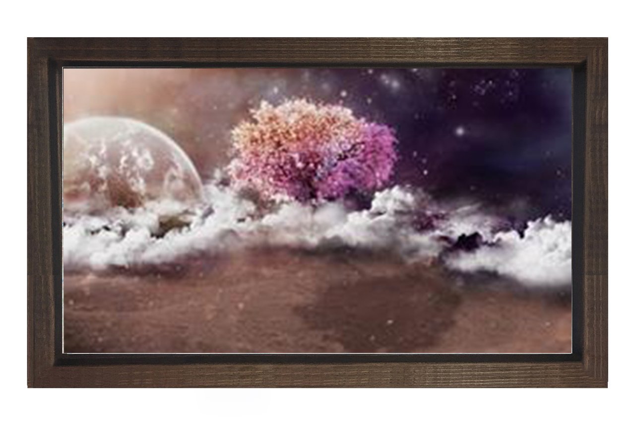 Pembe Ağaç Harika Gökyüzü Tablosu Kahverengi Ahşap Çerçeve - 100x200
