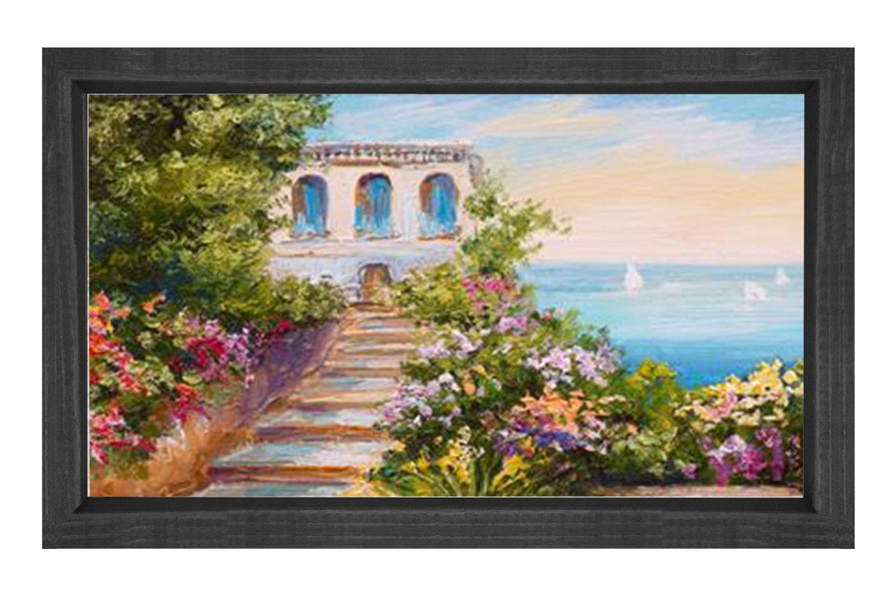 Yağlıboya Taş Ev ve Deniz  Tablosu Siyah Ahşap Çerçeve - 100x200