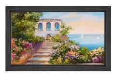 Yağlıboya Taş Ev ve Deniz  Tablosu Siyah Ahşap Çerçeve - 100x200