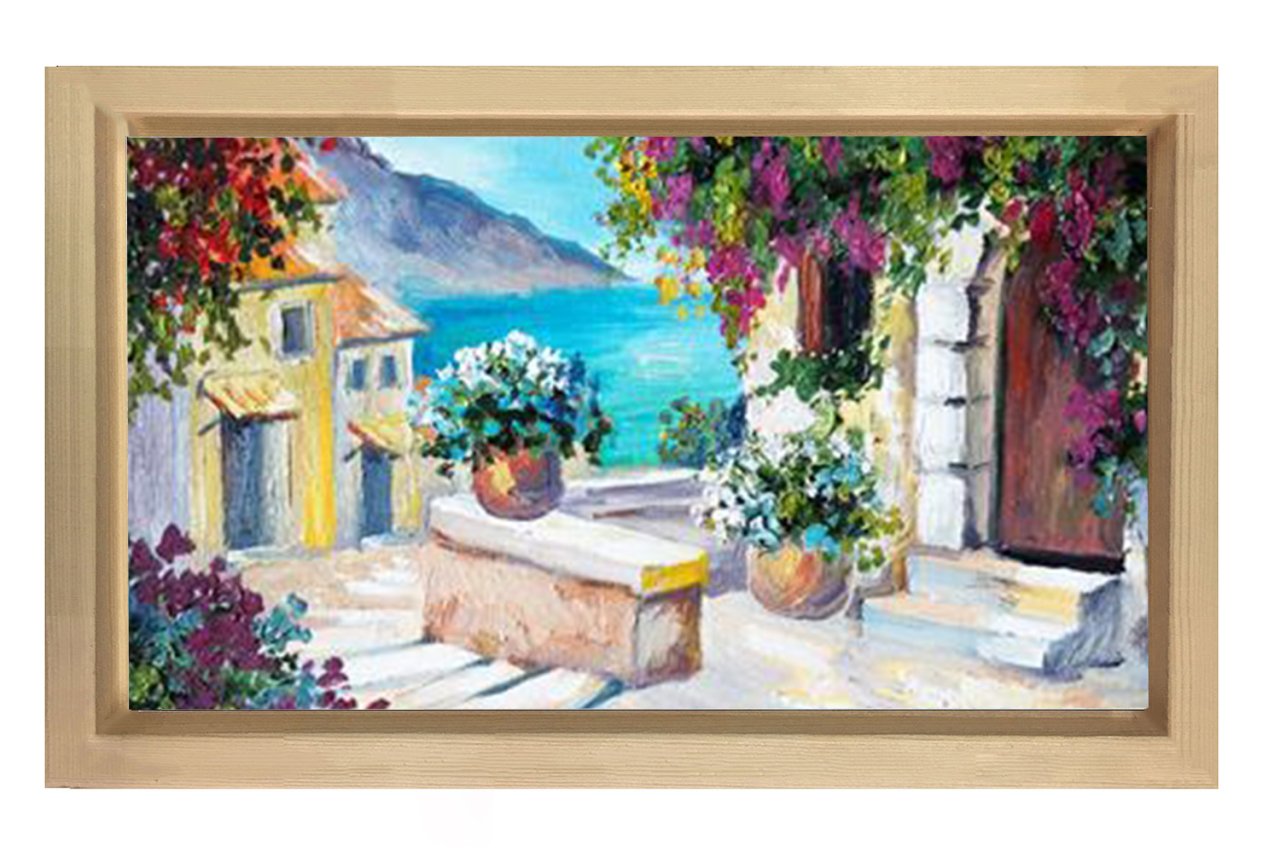 Çiçekli Evler Deniz Manzarası Tablosu Naturel Ahşap Çerçeve - 70x100