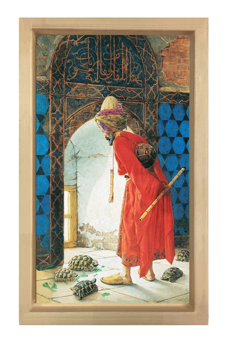 Kaplumbağa Terbiyecisi Tablosu Naturel Ahşap Çerçeve - 45x30