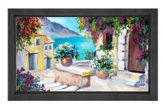Çiçekli Evler Deniz Manzarası Tablosu Siyah Ahşap Çerçeve - 100x150