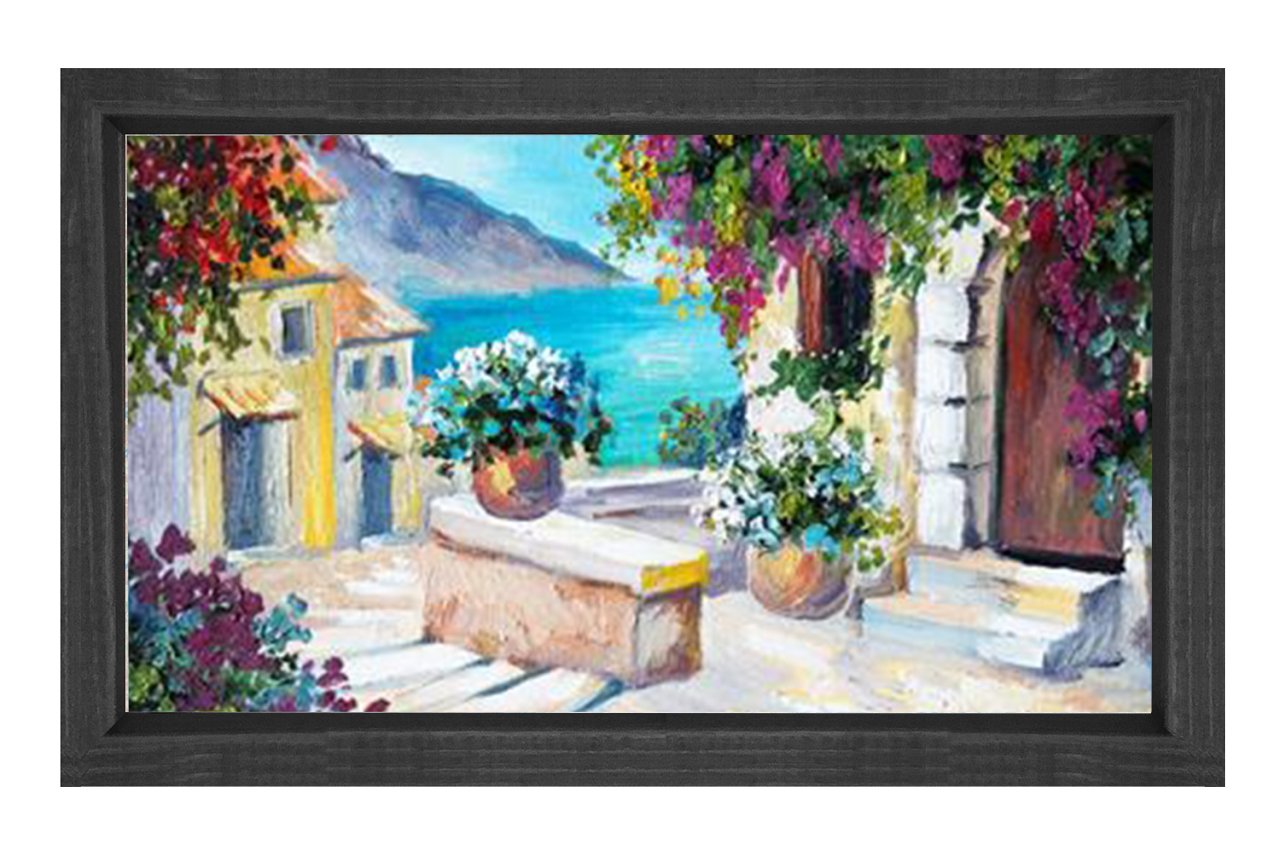 Çiçekli Evler Deniz Manzarası Tablosu Siyah Ahşap Çerçeve - 40x60