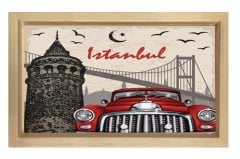 İstanbul ve Kırmızı Klasik Araba Tablosu Naturel Ahşap - 50x70