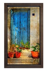 Köy  Kapısı Çiçekli Saksılar Tablosu Kahverengi Ahşap - 100x150