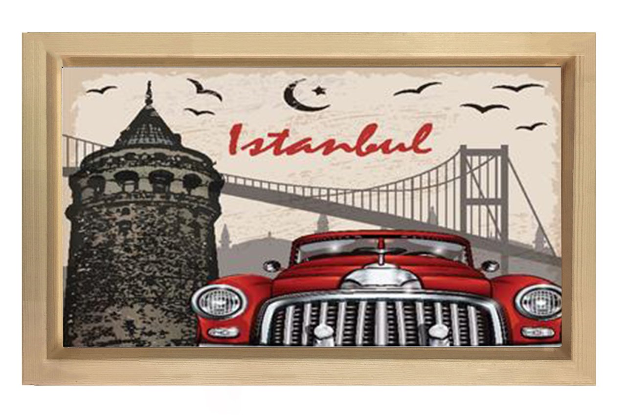 İstanbul ve Kırmızı Klasik Araba Tablosu Naturel Ahşap - 50x90